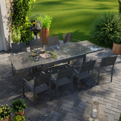 Ensemble table de jardin extensible aluminium 270cm  + 8 fauteuils empilables textilène anthracite gris - LIO 8