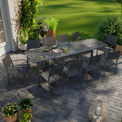 Table de jardin extensible aluminium 270cm  + 10 fauteuils empilables textilène anthracite gris - LIO 10