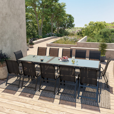 Table de jardin extensible aluminium 200/320cm + 12 fauteuils empilables textilène noir - FARO 12