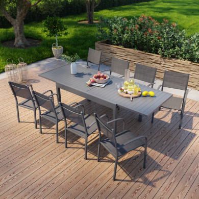 Table de jardin extensible en aluminium 270cm  + 8 fauteuils empilables textilène anthracite - MILO 8