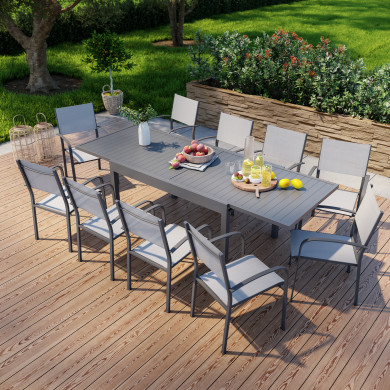 Table de jardin extensible en aluminium 270cm  + 10 fauteuils empilables textilène anthracite gris - MILO 10